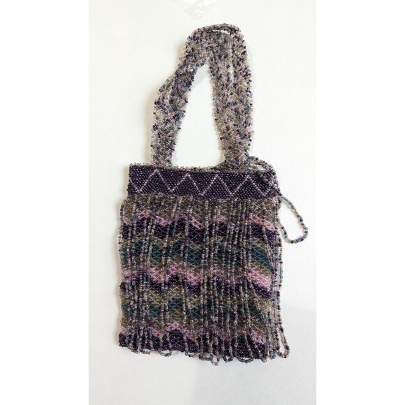 Beaded Purse Woven Small 6 Inch Handbag Multicolor Purple Silver Chevron Bead De - Picture 4 of 10